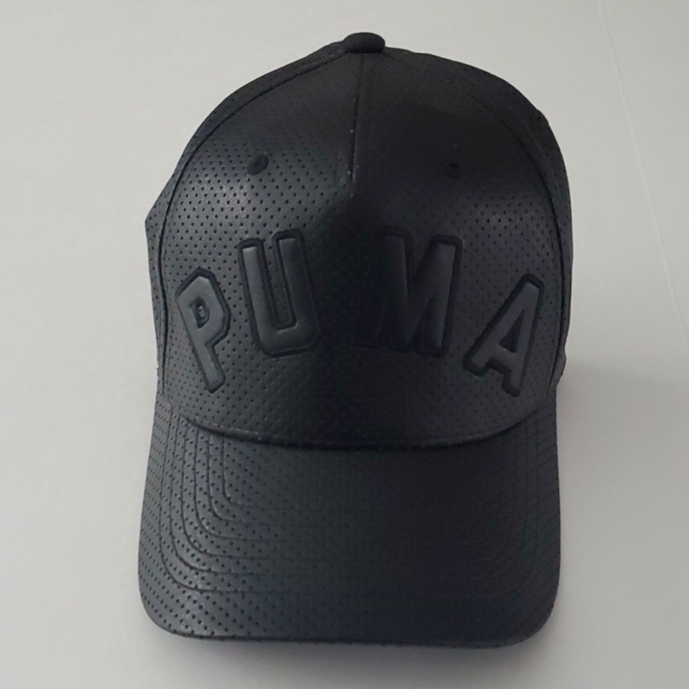 PUMA Branded Faux Leather Polyester Black Baseball Cap L/XL Pre-Owned